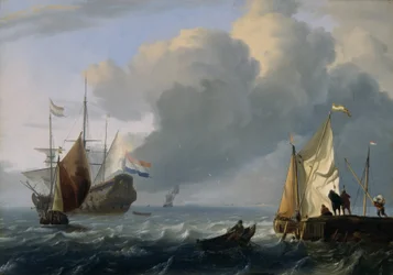 Nederlandsk fregatt og andre skip utenfor kysten, ca. 1690 (olje på eikepanel)