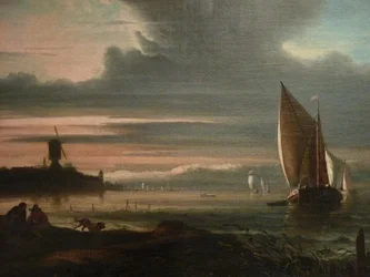 Norsk: Strandlinje med seilbåter og vindmølle. Detaljer av bolverket #39;Het Blauwhoofd#39; i Amsterdam.