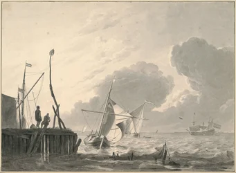 Havn ved havet i tiltagende tordenvær