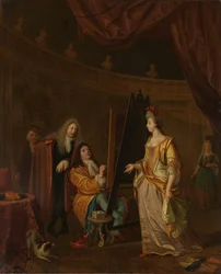 En kunstner i sitt studio, maler portrett av en dame