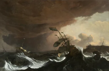 Skip i et stormfullt hav utenfor en kyst, rundt 1700-1705 (olje på lerret)