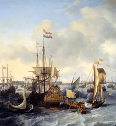 Utsikt over Amsterdam havn fra i detalj. Maleri av Ludolf Backhuysen (1631-1708) 1666 søn. 1,28x2,21 m