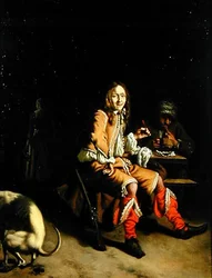 En jeger som drikker i et tavernainteriør (olje på lerret)