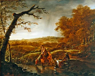 Jegere i ro med hest og hunder ved en bekk, ca. 1650 (olje på panel)
