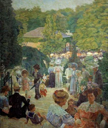 Parc Montsouris fra kiosken har musikk i 1900. Maleri av Ludovic Vallee (1864 - 1939)