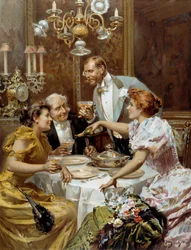 Vakker tid: "" den fine kveldsmaten""" To par i en privat salong drikker champagne. Illustrasjon av Ludovico Marchetti (1853-1909) 1893 Privat samling