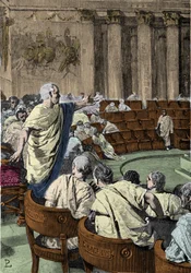 Ciceron fordømmer konspiratoren Catilina (Lucius Sergius Catilina) (108–62 f.Kr.) den 7. november 63 f.Kr., under den første catilinarens tale. Scenen finner sted i Roma i Senatet, illustrasjon av Pogliaghi.