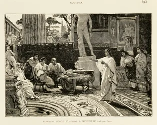 Maecenas lytter til Virgil som leser Aeneid, illustrasjon av Lodovico Pogliaghi (1857-1950) for Romas tidlige historie, av Francesco Bertolini (1836-1909), Fratelli Treves-utgaven, Milano
