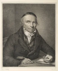 Johann Joachim Bellermann, brystportrett ved et bord med en signetring i hånden
