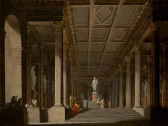 Interiør i et fiktivt gammelt tempel med et brennoffer til Apollo