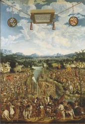 Titus Manlius Imperiosus Torquatus (4eme siecle avant JC) combat un gaulois - Manlius Torquatus Fighting a Gaul, av Refinger, Ludwig (ca. 1510-1549). Olje på tre. Mål: 160x109 cm. Stockholms nasjonalmuseum