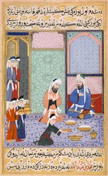 Scene de bankett du sultan ottoman Mourad III (1546-1595) (Feasting from Sultan Murad III) - Miniature extraite de "Siyer-i Nebi" (Siyer i Nebi) (La vie de Mohamed (Mahomet) poeme epique ecrit par Mustafa , fils de Yusuf d
