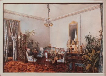 Tegnestuen i Varvara Obreskova-huset. Verk av Luigi Premazzi (1814-1891), akvarell på papir