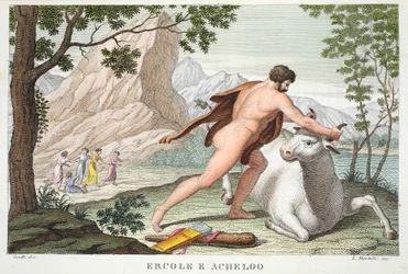 Hercules and Achelous eller Ercole e Acheloo, bok IX, illustrasjon fra Ovids Metamorphoses, Firenze, 1832 (håndfarget gravering)