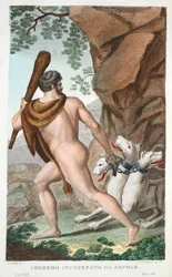 Hercules and Cerberus eller Cerbero Incatenato da Ercole, bok VII, illustrasjon fra Ovids Metamorphoses, Firenze, 1832 (håndfarget gravering)