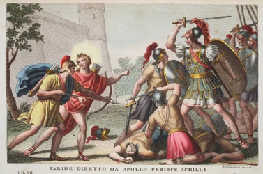 Paris dreper Akilles eller Paris, ledet av Apollon, sårer Akilles, bok XIII, illustrasjon fra Ovids Metamorfoser, Firenze, 1832