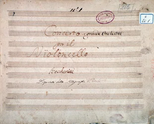 Første side signert av forfatteren av partituret til Concerto for cello og orkester i E flat, av Luigi Boccherini