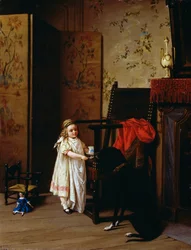 Frokost for to, av Luigi Crosio (1835-1915), olje på panel, 42x32 cm