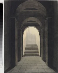 Perspektiv av korridoren ved Capuchins-klosteret, i Genova (akvarell, ca. 1825)
