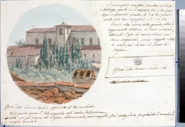 Teleskopvisning av San Salvatore al monte kirke nær Firenze (Tegning og akvarell, ca 1833)