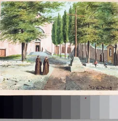 Utsikt over Capuchin-kirken, Genova (Tegning og akvarell, ca 1825)