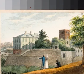 Utsikt over bastioner og Santo Stefano klokketårn, Genova (akvarell, ca 1825)