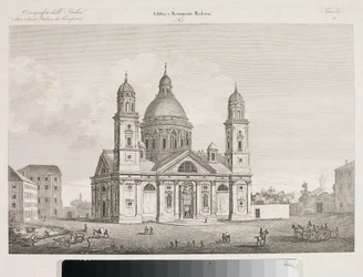 Utsikt over basilikaen Santa Maria Assunta di Carignano i Genova (etsing