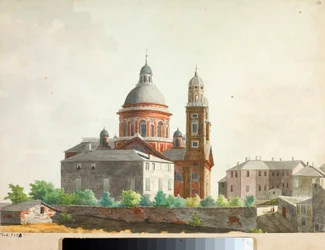 Utsikt over basilikaen Santa Maria Assunta di Carignano i Genova (akvarell