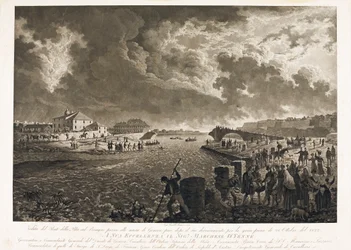 Utsikt over broen Pila i Genova, etter flommen i Bisagno-floden 26.10.1822 (Etsing, ca. 1822)