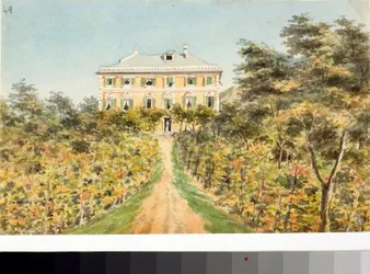 Utsikt over kasinoet Lagomarsino på kysten av Rivarolo, nær Genova (Akvarell, ca. 1823)