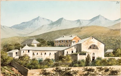 Utsikt over helligdommen Nostra Signora del Monte, Genova (Akvarell, ca. 1825)
