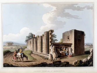 Gammelt tempel i Agrigento i Italia. i "" Utsikt i de osmanske dominansene, i Europa, i Asia og noen av middelhavsøyene"" fra de originale tegningene tatt av Luigi Mayer, London