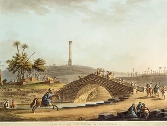 Egypt, bro over Alexandria-kanalen, av Luigi Mayer, gravering
