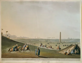 Egypt, nomader og obelisken ved Materieh (gamle Heliopolis, eller solens by) av Luigi Mayer, gravering
