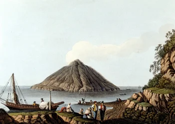 Øya Stromboli - i "" Utsikt i de osmanske dominansene, i Europa, i Asia og noen av øyene i Middelhavet", av Luigi Mayer, London