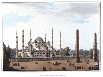 Sultan Ahmeds moské (1609-1616), Istanbul. i "" Utsikt i de osmanske dominansene, i Europa, i Asia og noen av middelhavsøyene""" fra originaltegningene tatt av Luigi Mayer, London