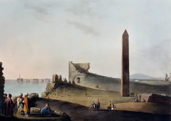 Obeliskene i Alexandria kjent som Cleopatras nåler, gravering, av Luigi Mayer (1755-ca 1803), fra utsikter i Egypt, Palestina og andre deler av det osmanske riket