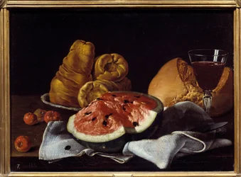 Pastekk, brød, kake og vinkopp. Maleri av Luis Melendez (1716 - 1780), spansk skole
