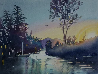 Solnedgang ved den rolige elven