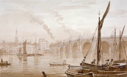 Utsikt over Blackfriars Bridge fra Surrey-kysten, med båter i forgrunnen, London, c1825