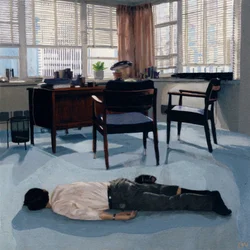 Han solgte brukte kontormøbler, ca. 2010 (akrylmaling på papir)