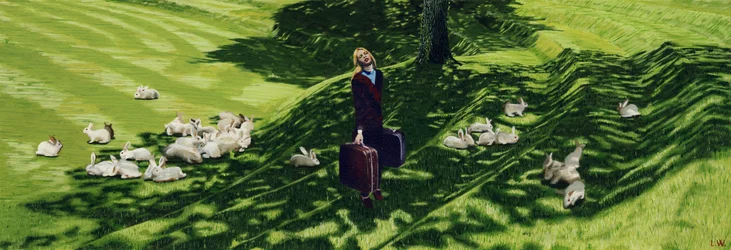 Opp og ned på drømmelandets ryggrad med røde flamingoer og dyr vin, ca. 2011 (akrylmaling på papir)
