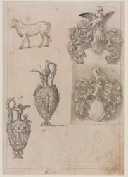 Design for to vaser, to våpenskjold og en okse (recto)