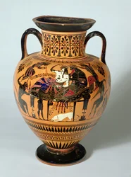 Svartfigur amfora som viser Dionysos og Ariadne Bankett, gresk, 530-520 f.Kr. (leire)