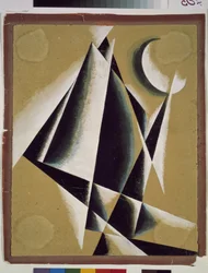 Konstruksjon. Verk av Lyubov (Lioubov) Sergeyevna Popova (1889-1924), gouache på papp