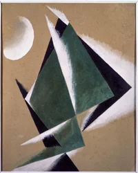 Konstruksjon med hvit halvmåne. Verk av Lyubov (Lioubov) Sergeyevna Popova (1889-1924), gouache på papp