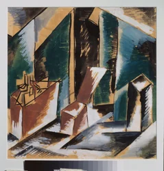 Forberedende dekor. Verk av Lyubov (Lioubov) Sergeyevna Popova (1889-1924), gouache på papir, rundt 1910. Russisk scenografisk kunst, 1900-tallet. Privat samling.