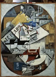 Stilleben. (Le Figaro) Maleri av Lyubov (Lioubov) Sergeyevna Popova (1889-1924), olje på lerret