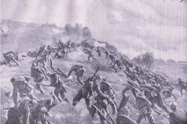 Gjenopptakelsen av Szawle. Storming the ridge, fra puben The Illustrated History of the World War 1914-1915. av Union Berlagsefellfchaft