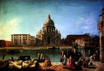 S. Maria della Salute fra Rio de San Moise, Venezia, med herrer og gondoliere i forgrunnen
